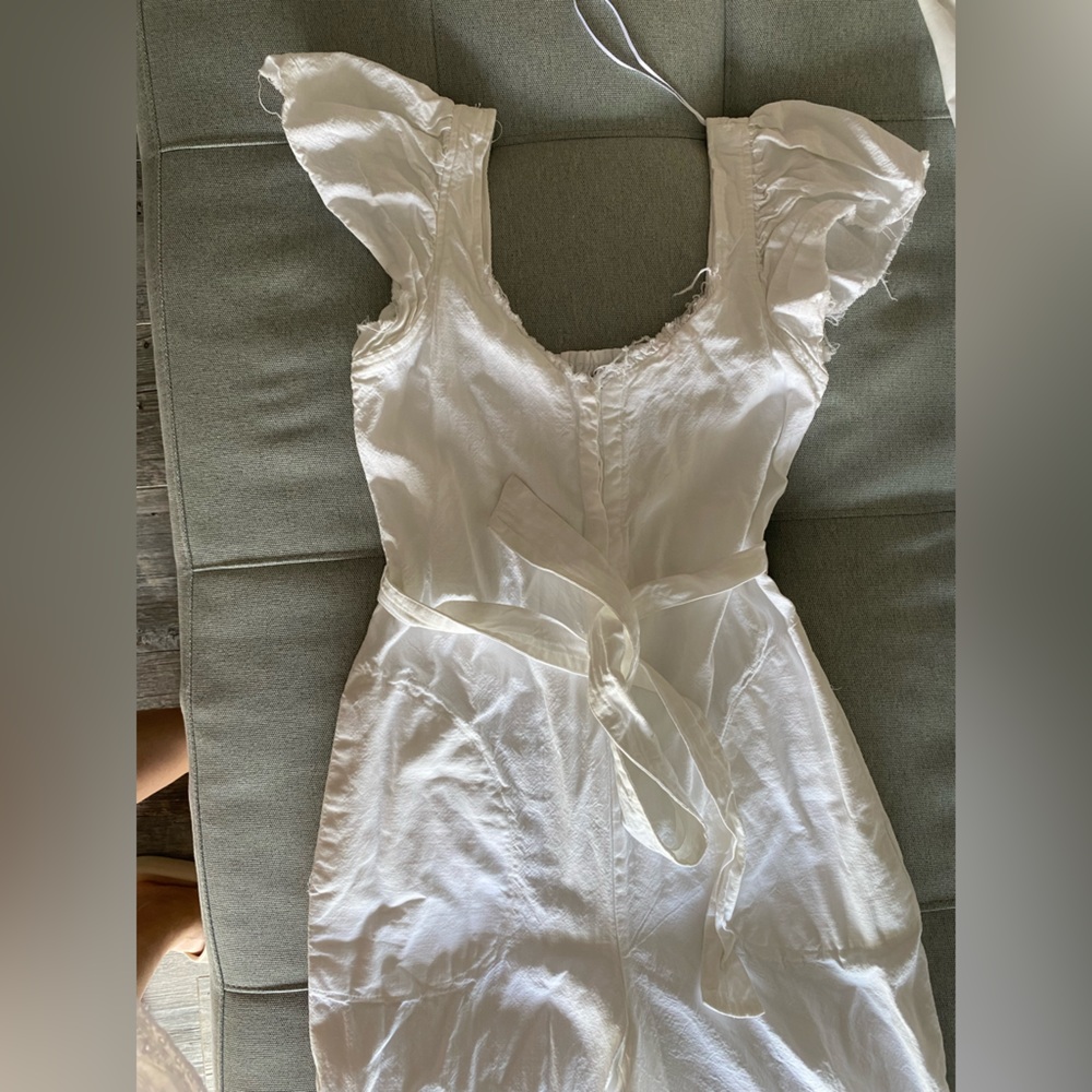 Zara White Rustic Denim Raw Hem Ruffled Cap Sleeve Belted Jumpsuit Playsuit XS - Picture 6 of 13